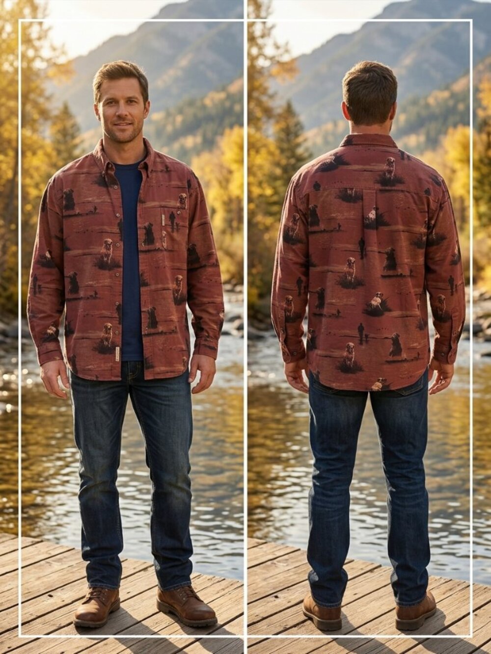 Columbia River Lodge Mens 2XB Button Shirt Red Lab Hunting Dog Ducks Cotton